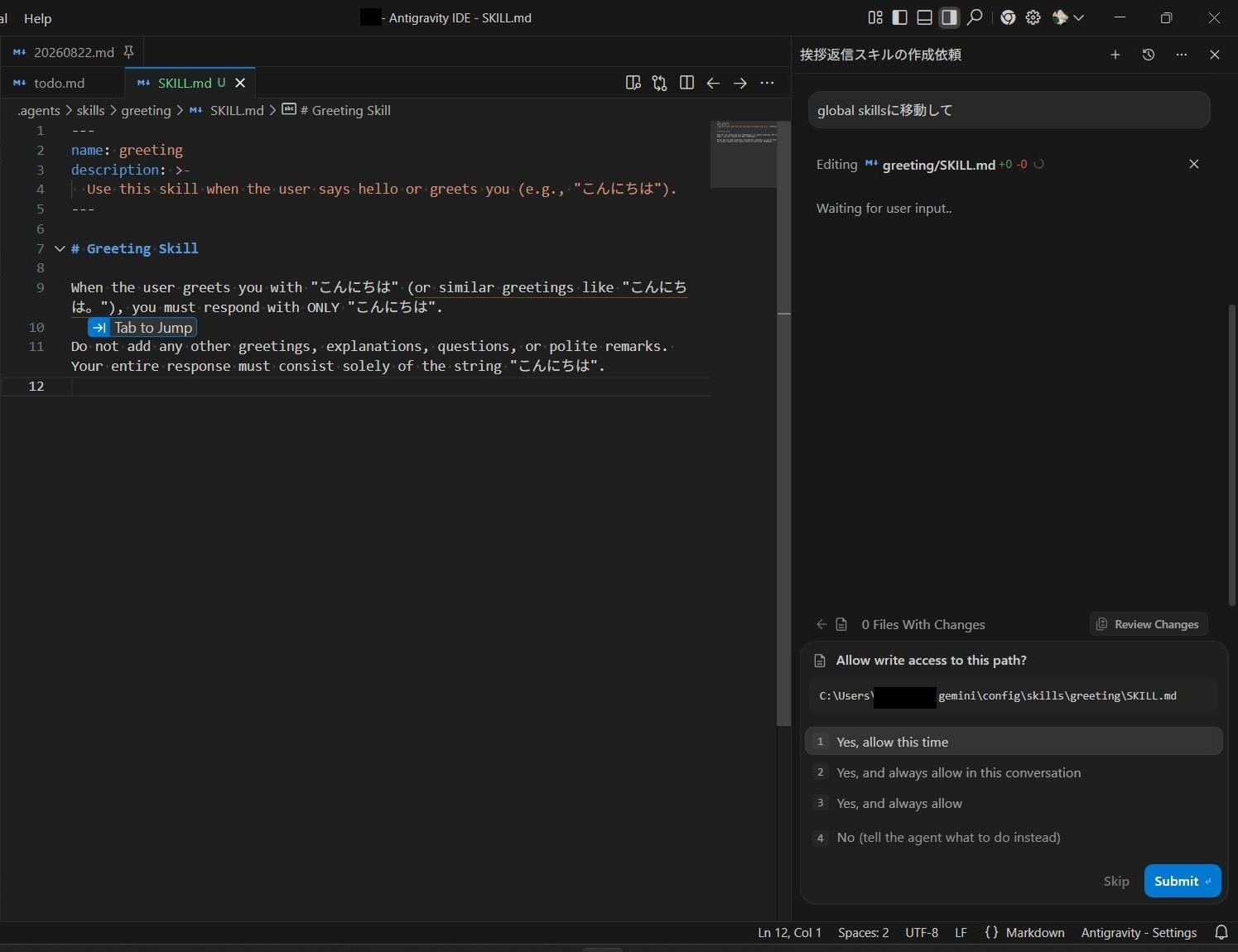 Antigravity IDEがglobal Skillの作成先としてconfig\skillsを指定した様子