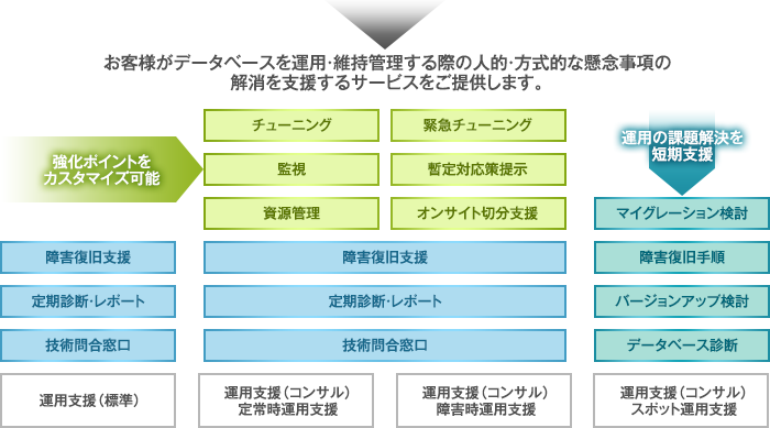 お客様がデータベースを運用・維持管理する際の人的・方式的な懸念事項の解消を支援するサービスをご提供します。